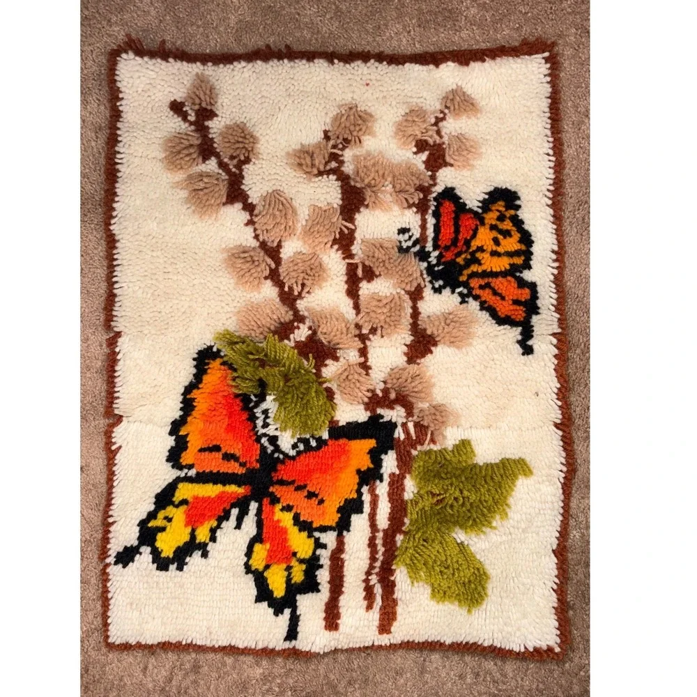 1970s Butterfly Latch Hook Wall Hanging Rug Retro Mid Century Fiber Art Tapestry